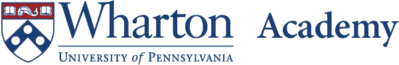 Logo featuring the Penn shield and the text "Wharton Academy, University of Pennsylvania" in blue.