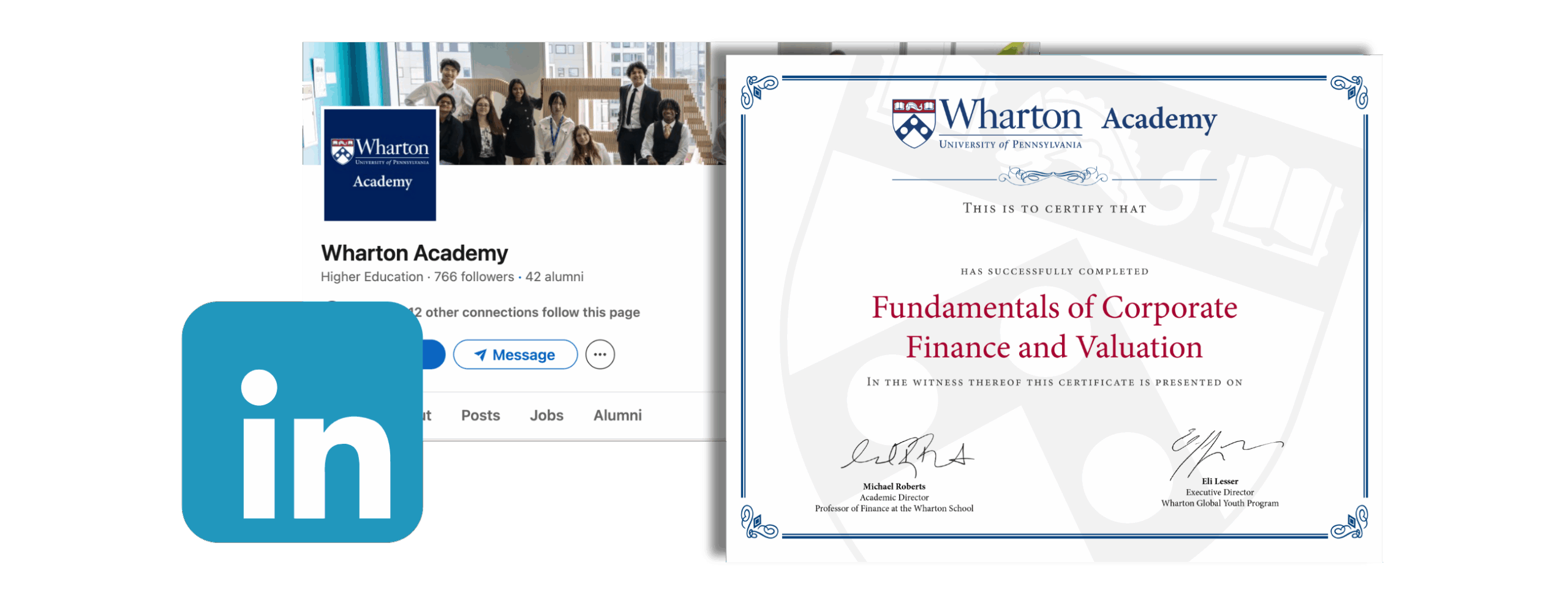 A LinkedIn profile for Wharton Academy is displayed alongside a completion certificate for a course titled "Fundamentals of Corporate Finance and Valuation" from the University of Pennsylvania.